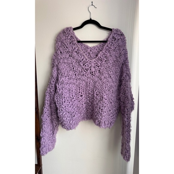 POL Purple Oversized Distressed V Neck Chunky Knit Sweater Women's Size M - Picture 3 of 3